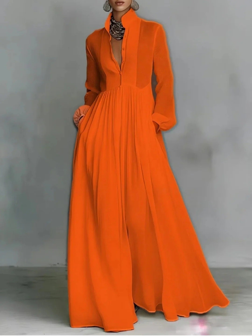 Elegant Orange Maxi Dress with Long Sleeves Size S Nwot